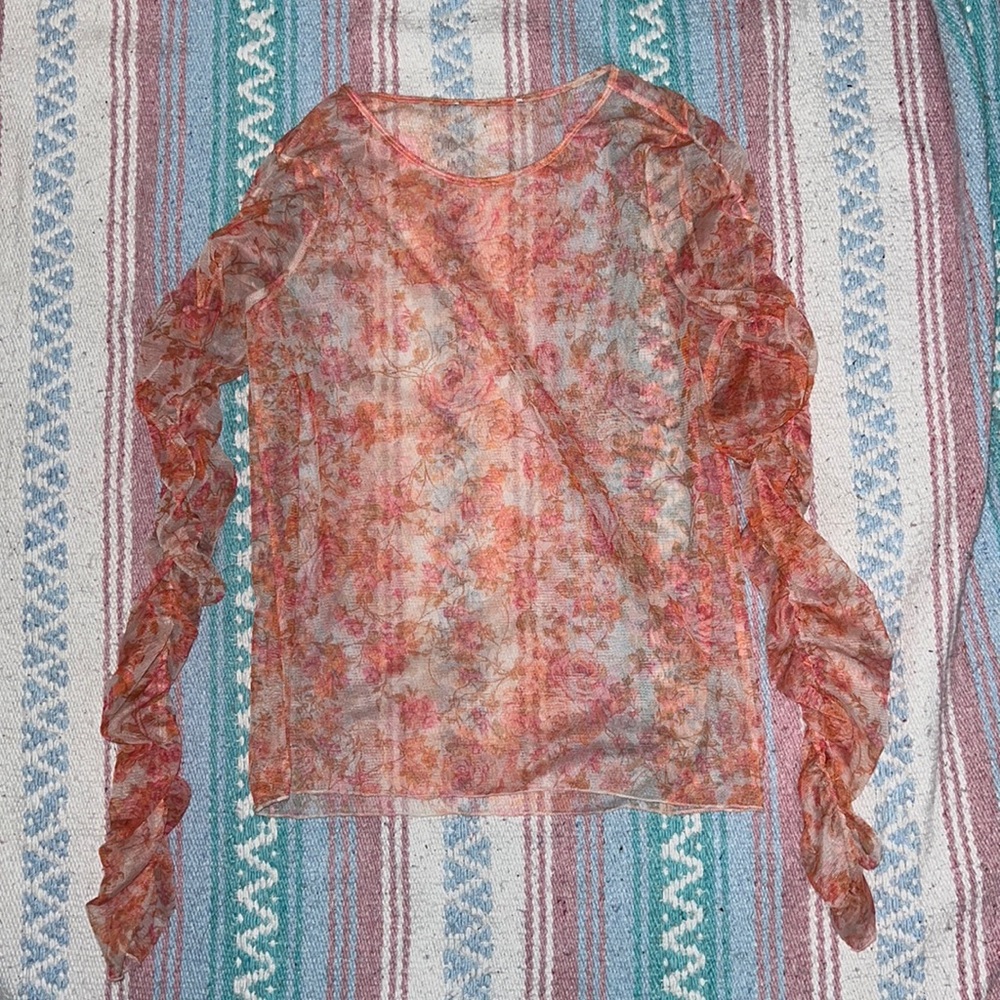 Cream and orange floral long-sleeved mesh top with ruched sleeves